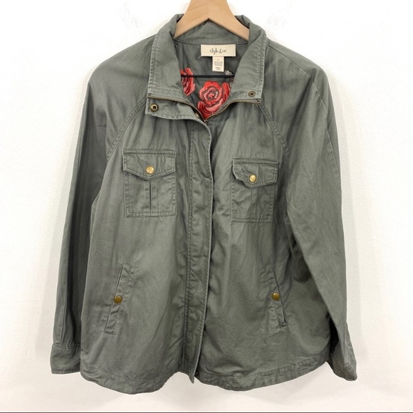 Style & Co Floral Embroidered Army Green Jacket - Picture 2 of 8